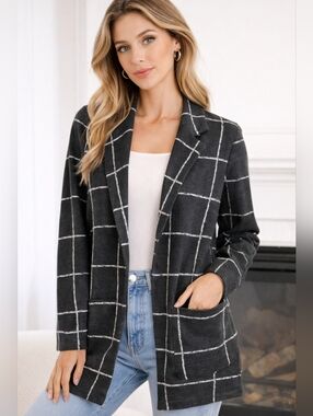 Love & Liberty Grid Coat Small Black White Windowpane Long Blazer Jacket